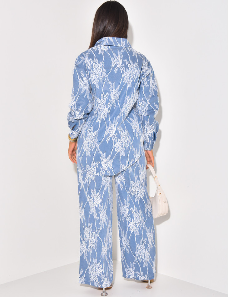 Set aus Hemd und gerader Hose aus Spitze und Jeans.