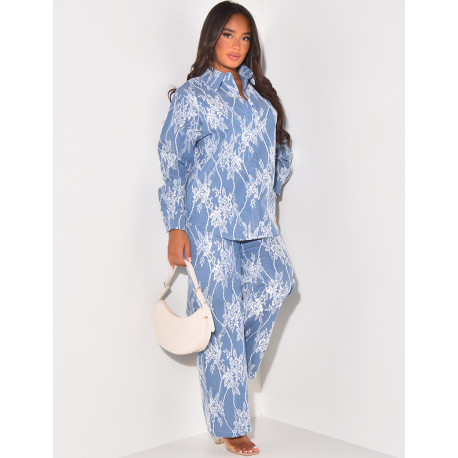 Shirt and straight trouser set in lace and jeans