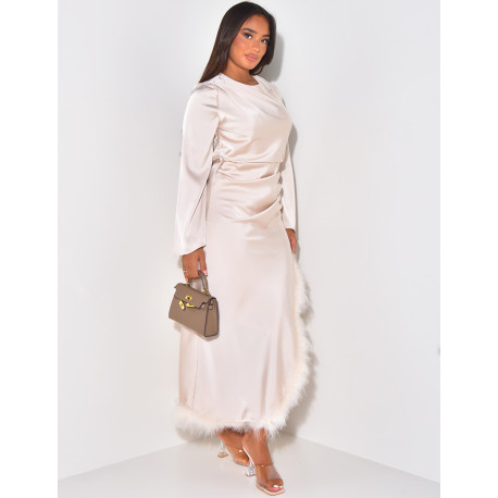 Long satin dress with feathered trims