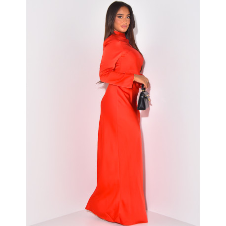 Satin maxi dress with pleated yoke