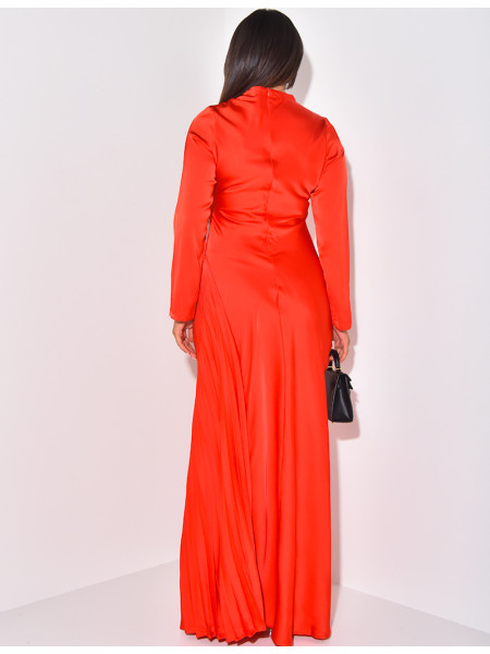 Satin maxi dress with pleated yoke