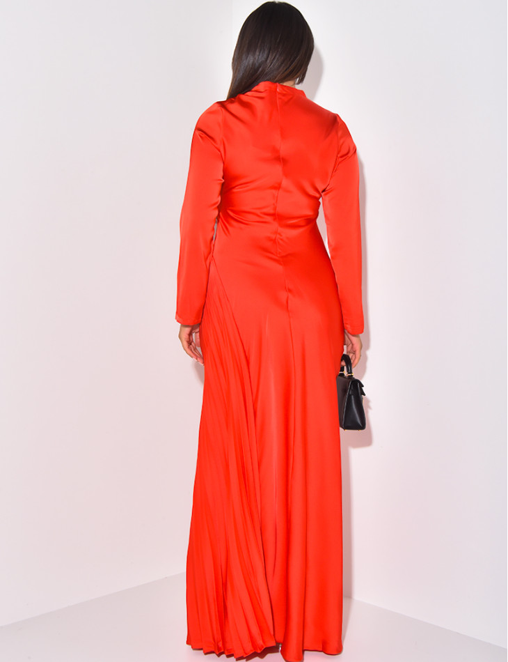 Satin maxi dress with pleated yoke