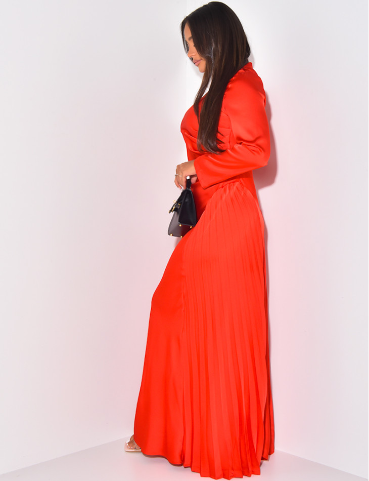 Satin maxi dress with pleated yoke