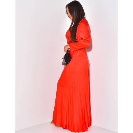 Satin maxi dress with pleated yoke