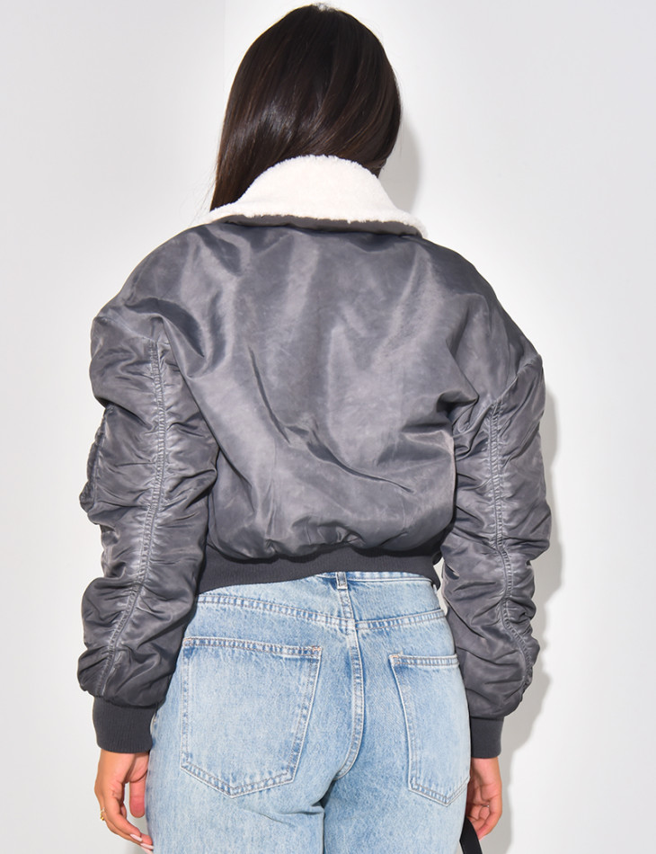 Bombers court délavé à fourrure amovible au col