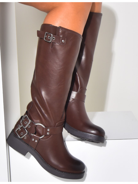 Bottes motardes en similicuir à sangles