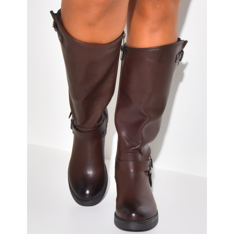 Bottes motardes en similicuir à sangles