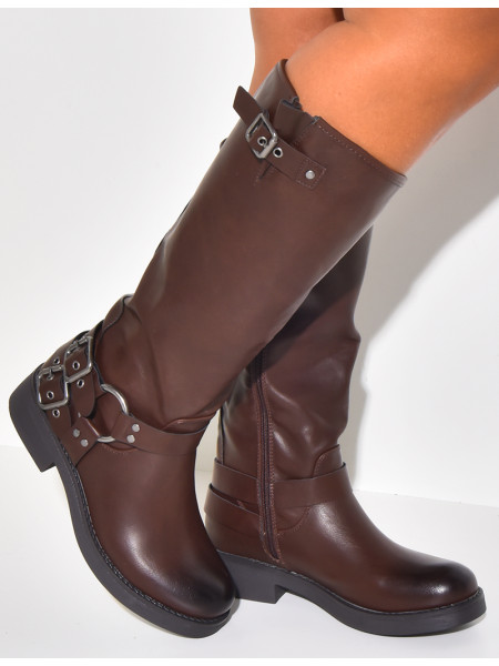 Bottes motardes en similicuir à sangles