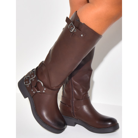 Bottes motardes en similicuir à sangles