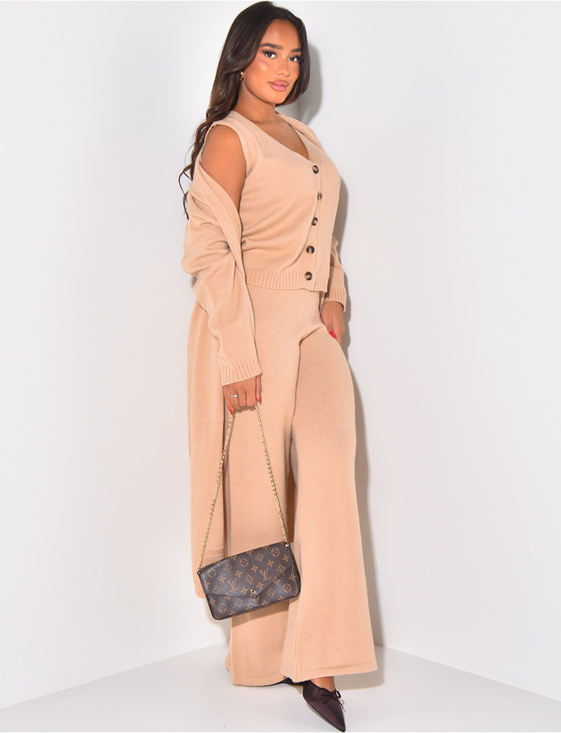 Tenue 2 Pièces Femme : Cardigan Ouvert Et Pantalon Moulant En Tricot Côtelé - 95% Polyester, Manches Longues - 6
