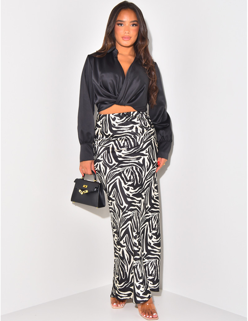 Long satin skirt with zebra...