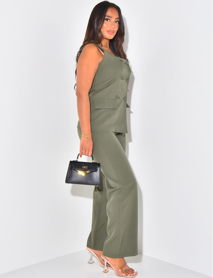 Set aus geknöpftem Top mit quadratischem Kragen & gerader Hose