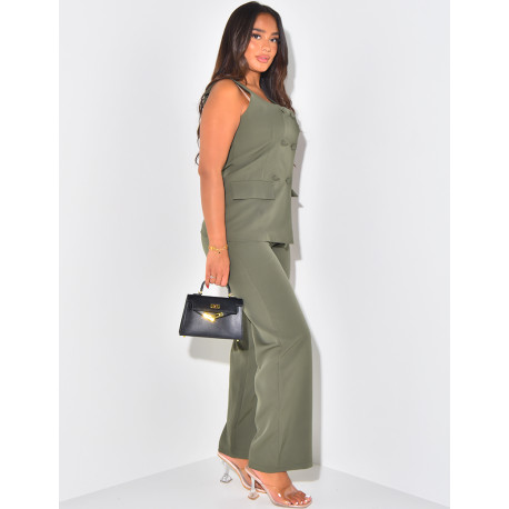 Set aus geknöpftem Top mit quadratischem Kragen & gerader Hose