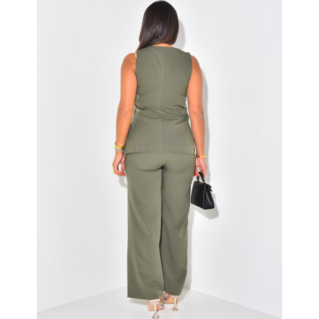 Set aus geknöpftem Top mit quadratischem Kragen & gerader Hose