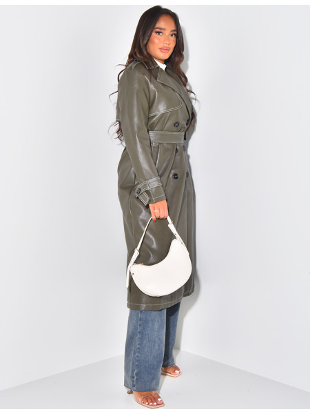 Long trench coat in imitation leather with contrast stitching