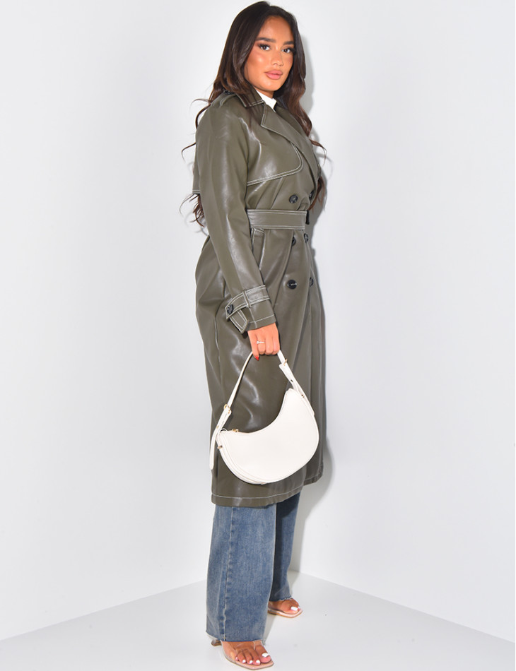 Long trench coat in imitation leather with contrast stitching