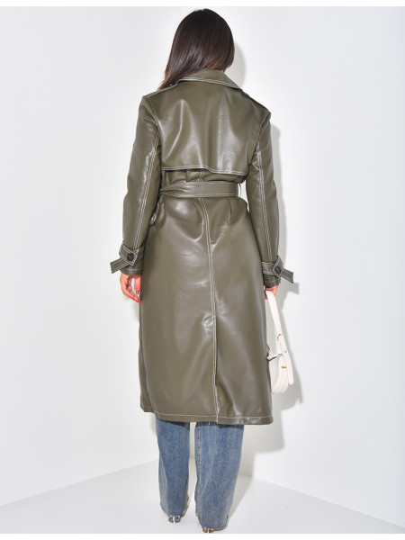 Long trench coat in imitation leather with contrast stitching