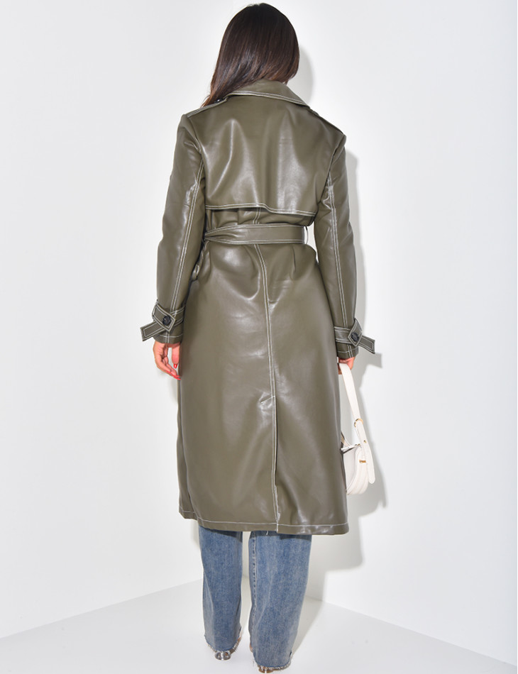 Long trench coat in imitation leather with contrast stitching