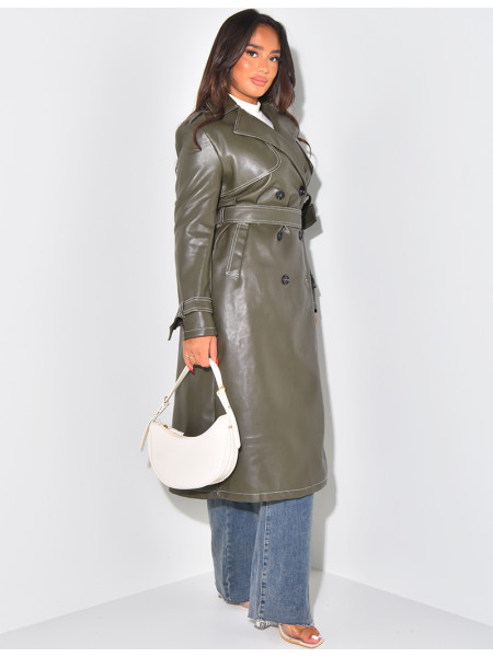 Long trench coat in imitation leather with contrast stitching