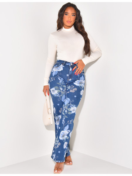 Stretchy straight-leg jeans with printed flowers