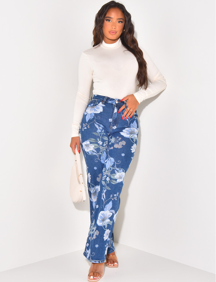 Stretchy straight-leg jeans with printed flowers