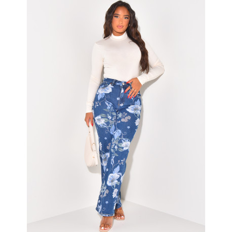 Stretchy straight-leg jeans with printed flowers