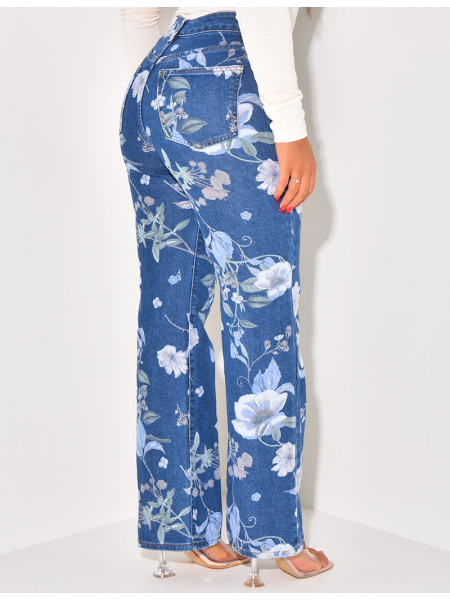 Stretchy straight-leg jeans with printed flowers