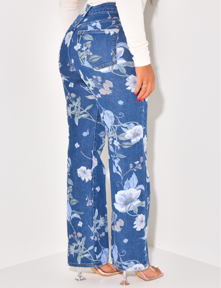 Stretchy straight-leg jeans with printed flowers