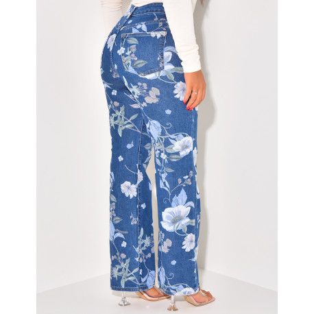 Stretchy straight-leg jeans with printed flowers