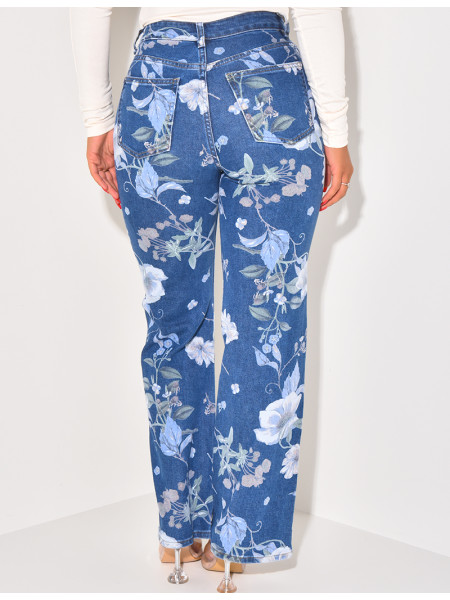 Stretchy straight-leg jeans with printed flowers