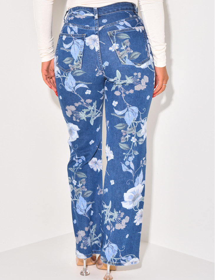 Stretchy straight-leg jeans with printed flowers