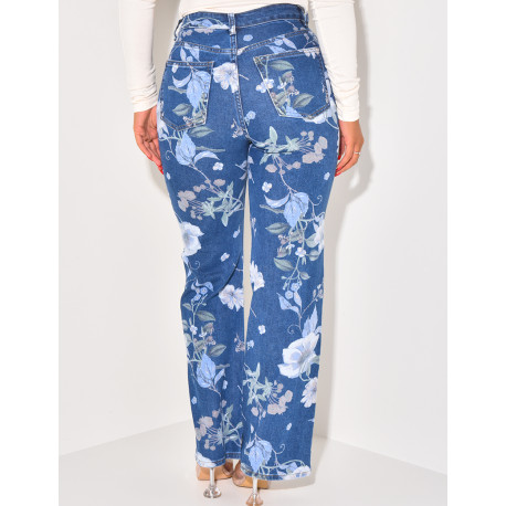Stretchy straight-leg jeans with printed flowers
