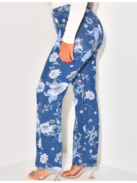 Stretchy straight-leg jeans with printed flowers