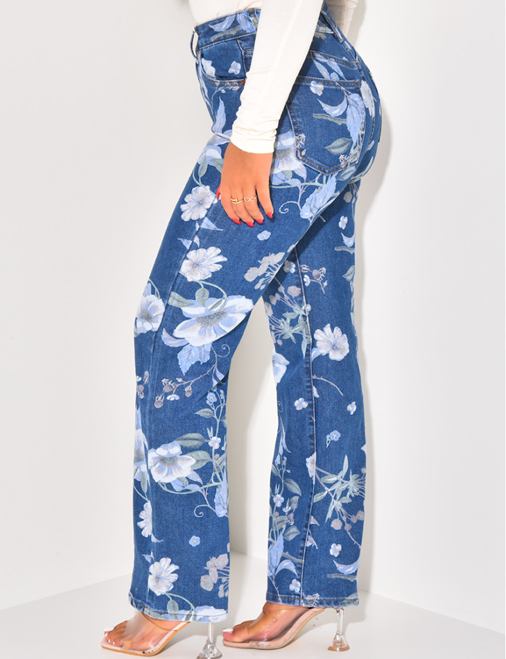 Stretchy straight-leg jeans with printed flowers