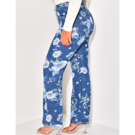 Stretchy straight-leg jeans with printed flowers