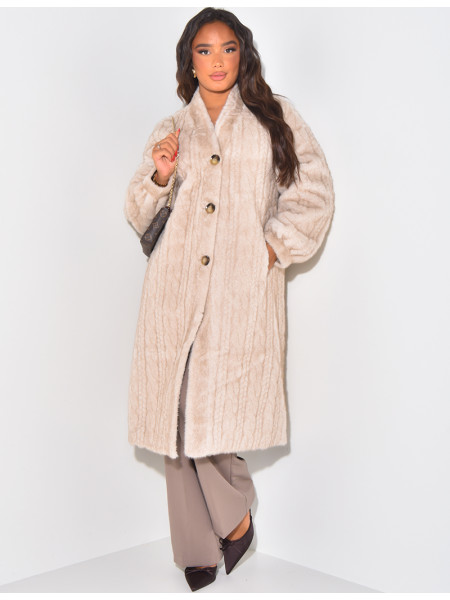 Braided cardigan effect coat in premium faux fur