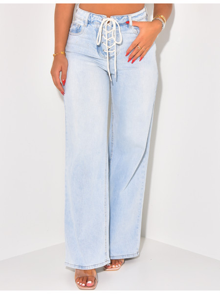 Jeans coupe droite à délavage clair & lacets
