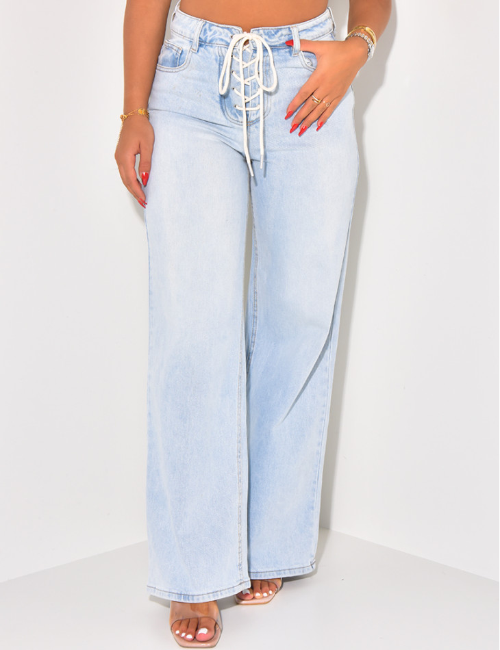 Jeans coupe droite à délavage clair & lacets