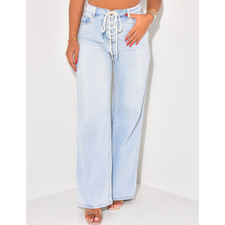 Jeans coupe droite à délavage clair & lacets