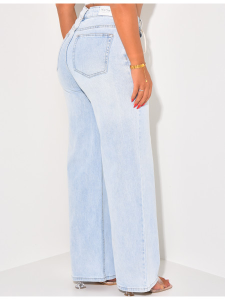 Jeans coupe droite à délavage clair & lacets