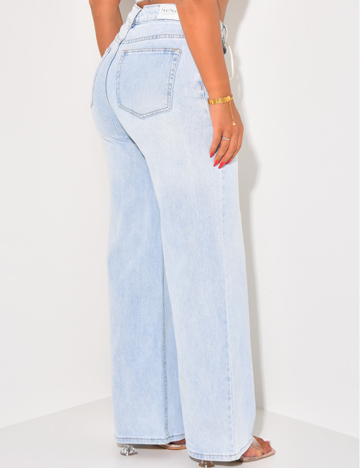 Jeans coupe droite à délavage clair & lacets
