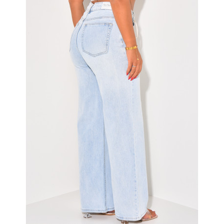 Jeans coupe droite à délavage clair & lacets