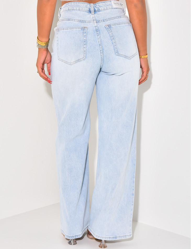 Jeans coupe droite à délavage clair & lacets