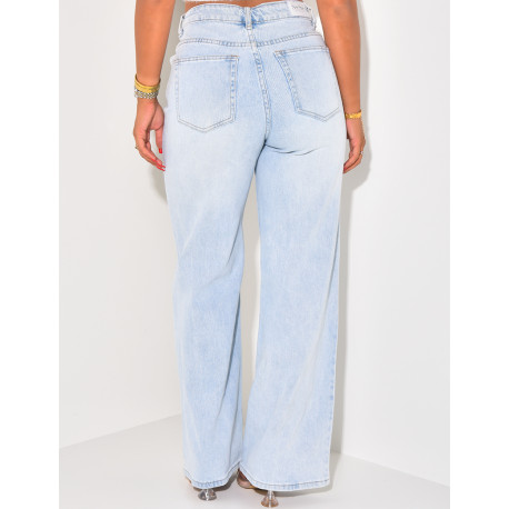Jeans coupe droite à délavage clair & lacets