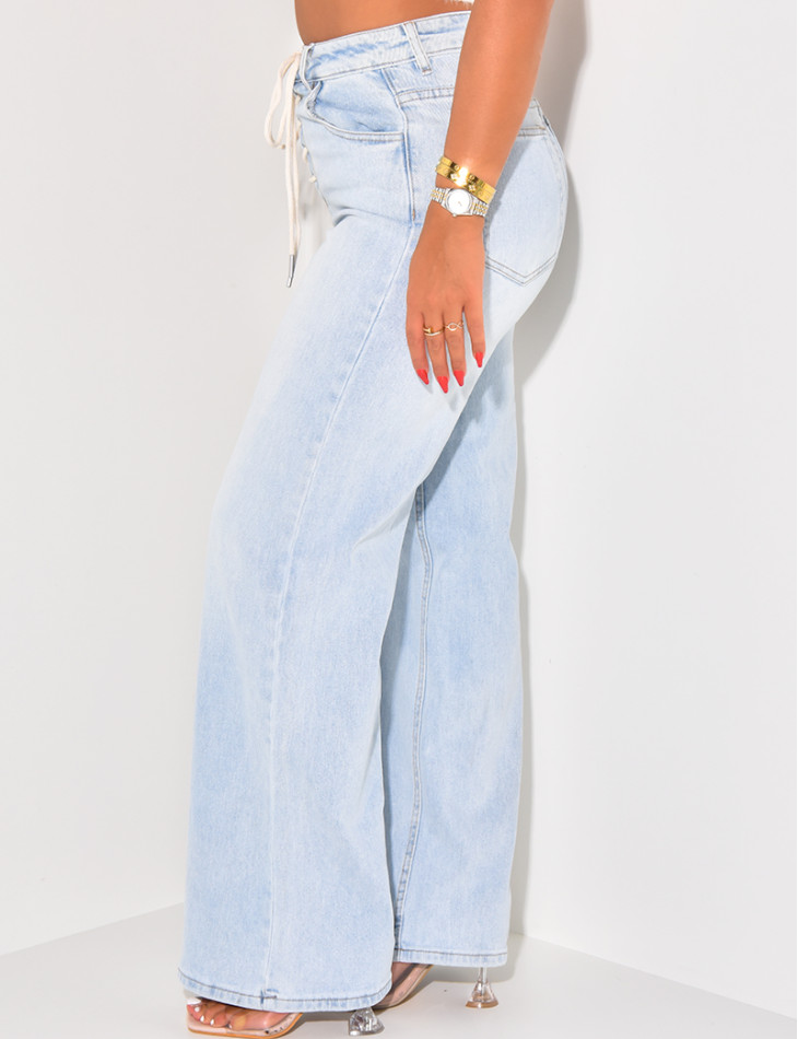 Jeans coupe droite à délavage clair & lacets