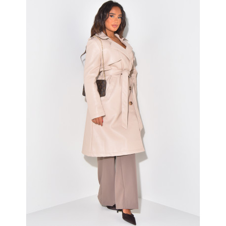 Mid-length trench coat in imitation leather