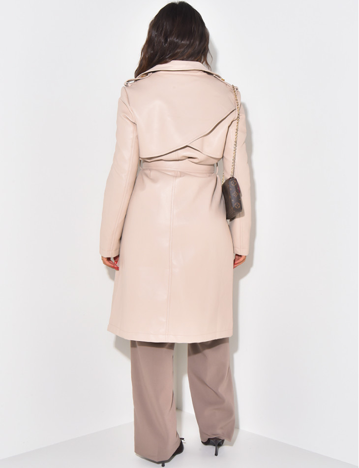 Mid-length trench coat in imitation leather