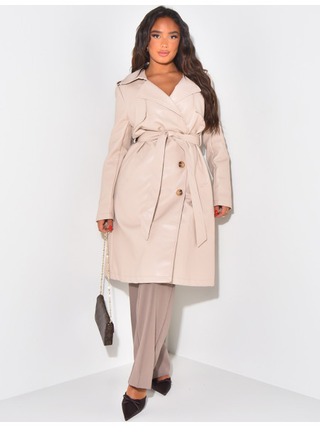 Mid-length trench coat in imitation leather