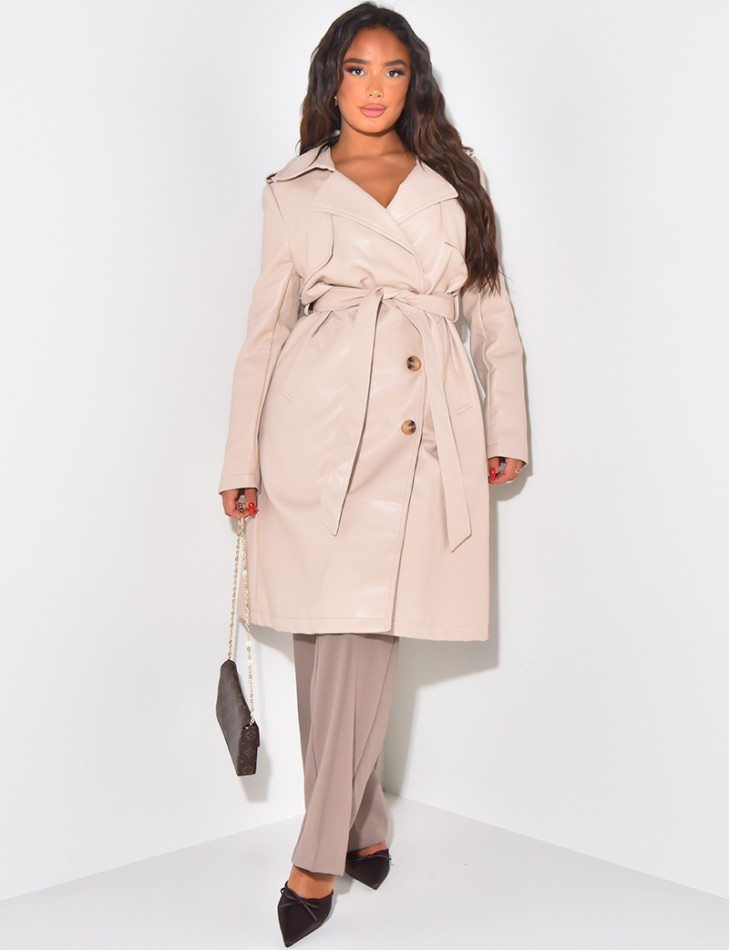 Mid-length trench coat in imitation leather