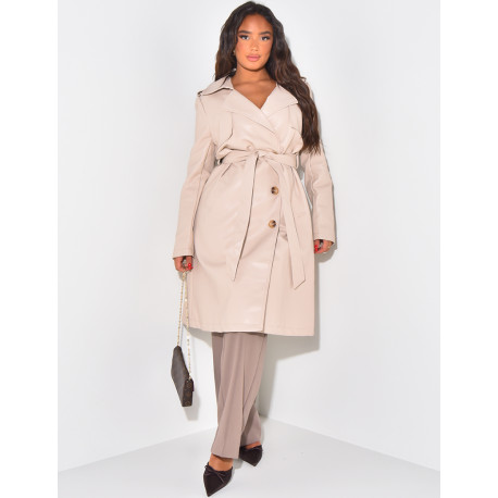 Mid-length trench coat in imitation leather